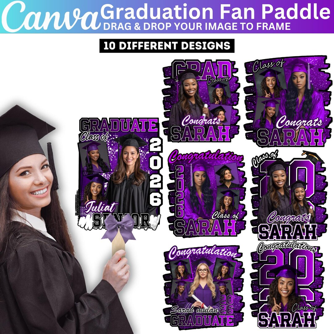 10 Purple Grad Fan Canva Editable Template, Custom Graduation Paddle ...