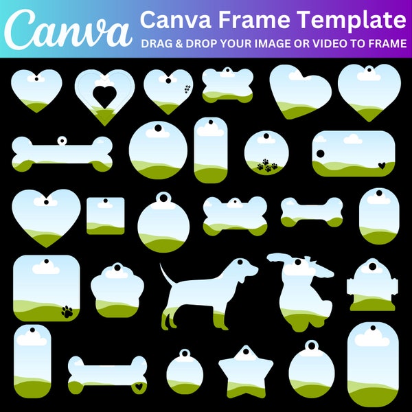 Dog Tag Canva Template Bundle, Design Your Own Dog Tag, Editable Canva Frames, Dog Bone Canva Frames Template, Drag and Drop Canva Frames