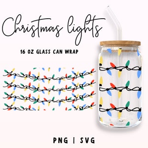 Świąteczne światła Libbey Glass Wrap svg, 16 oz Świąteczne światła mogą owinąć, Sznur świateł Szklanka do piwa Szablon, Świąteczne światła, Boże Narodzenie Svg