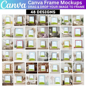 May include: 48 different frame mockups for displaying artwork, photos, or other visuals. The mockups feature various interior design styles and settings, including a living room, bedroom, and office.