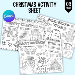 Pode incluir: Folhas de atividades de Natal com labirintos, caça-palavras e páginas para colorir. As folhas apresentam imagens e texto com temas de feriados, incluindo um boneco de neve, uma casa de pão de gengibre e ornamentos. O texto inclui "Happy Christmas".