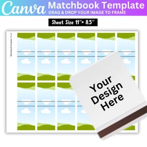 Peut inclure: Un mod&egrave;le de carnet d'allumettes imprimable avec un design de paysage vert, bleu et blanc. Le mod&egrave;le mesure 11 pouces par 8,5 pouces et comprend le texte "Your Design Here".