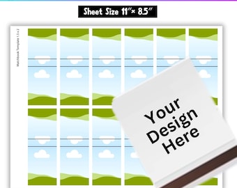 Peut inclure: Un modèle de carnet d'allumettes imprimable avec un design de paysage vert, bleu et blanc. Le modèle mesure 11 pouces par 8,5 pouces et comprend le texte "Your Design Here".