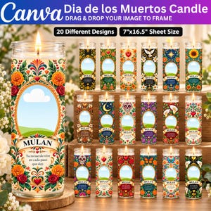 Puede incluir: Una colección de veinte velas cilíndricas de cristal con coloridos patrones florales y decorativos, con un marco ovalado central para personalizar. Cada vela muestra el nombre Mulan y una etiqueta de 17,78 cm por 41,91 cm.