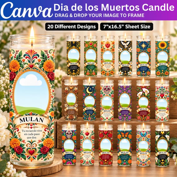 20 Dia de los Muertos Canva Template Bundle, Day of the Dead Candle Labels for Tall Cylinder Candles, Velas Etiquetas, Digital Download