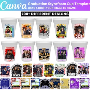 Modello modificabile per tazza di polistirolo per laurea su Canva, Mega Bundle di modelli di adesivi per tazze di laurea, File personalizzabile per modello di tazza di polistirolo su Canva