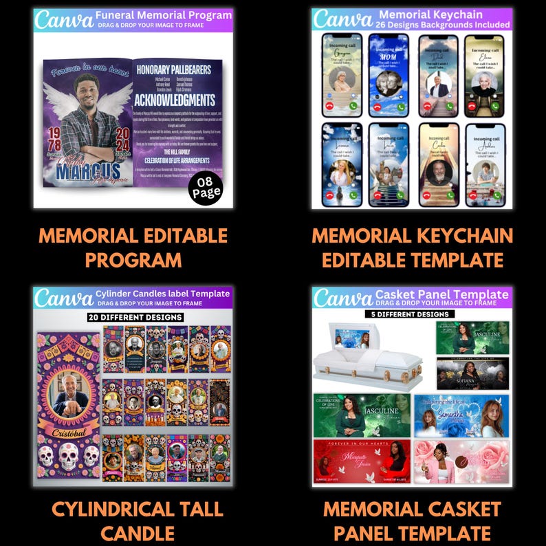 May include: A collection of Canva templates for memorial products. Includes a funeral program, memorial keychain, cylindrical candle labels, and casket panel templates. Each template features customizable designs and text.