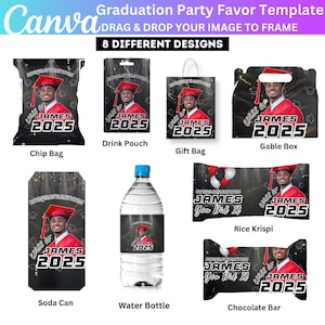 8X Black Graduation Party Favor Canva Editable Template, Grad Treat Bag Designs Bundle, Custom Water Labels, Chip Bag, Gable Box, Wrapper