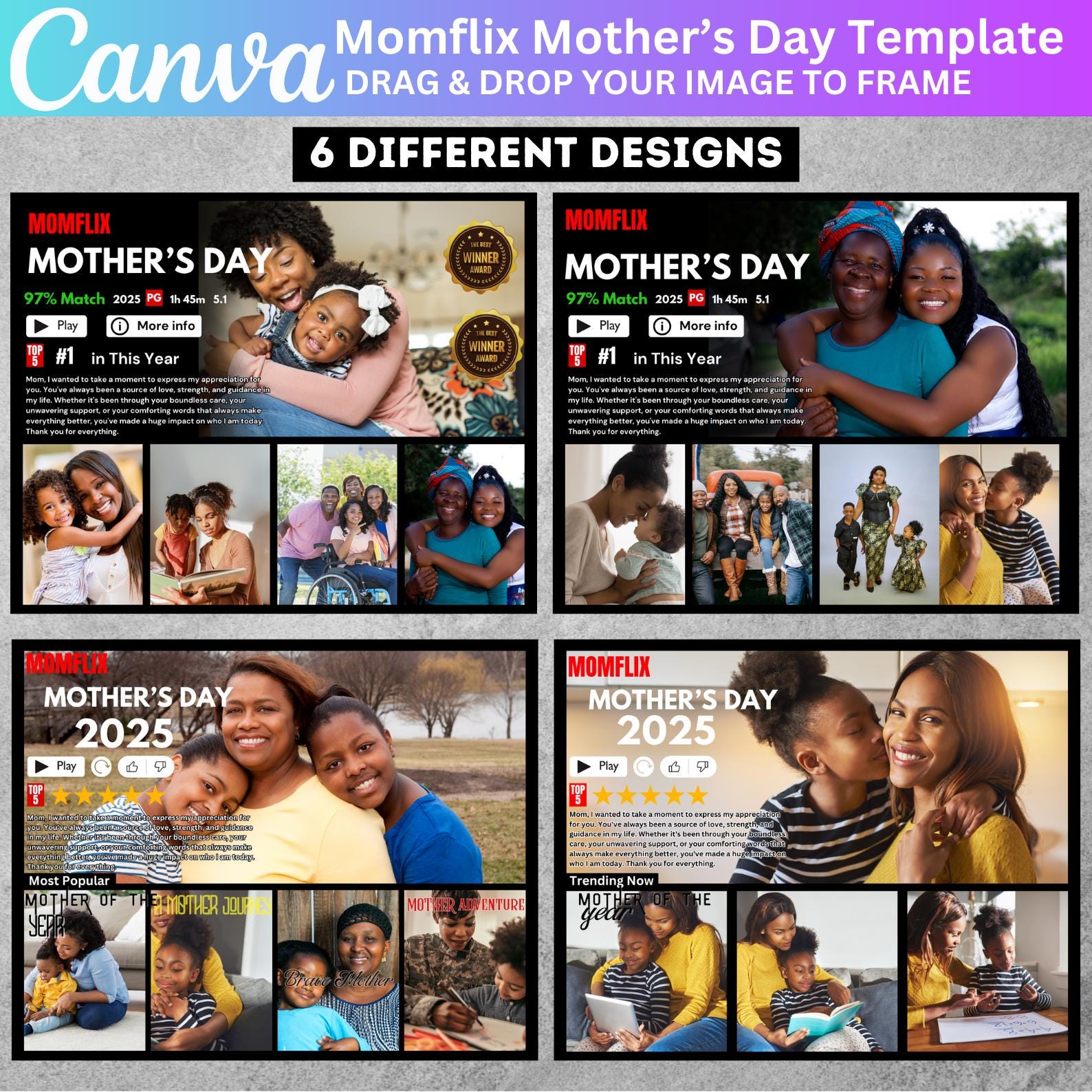 06 MOM FLIX Canva Editable Template, Mother's Day Collage Designs, Mother's Day Gift, Best Mom Ever, Momflix, Movie Poster Canva Template