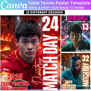 Könnte beinhalten: Eine Tischtennis-Poster-Vorlage mit drei verschiedenen Designs. Das erste Design zeigt einen jungen Mann in einem roten Shirt, der Tischtennis spielt, mit einem feurigen Hintergrund. Das zweite Design zeigt einen Mann mit einem ernsten Ausdruck, der ein grünes Shirt mit dem Text "Dimitrij" und "Match Day 24" in großen weißen Buchstaben trägt. Das dritte Design zeigt einen Mann mit Bart, der ein blaues Shirt mit dem Text "Dimitrij" und "Match Day 32" in großen weißen Buchstaben trägt.