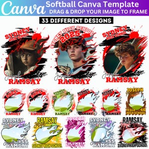 Puede incluir: Una plantilla digital para crear diseños de equipo de sóftbol. La plantilla presenta una variedad de diseños con llamas, una pelota de béisbol y una pelota de sóftbol. El texto "Sydney High School" y "Ramsay" está incluido en el diseño.