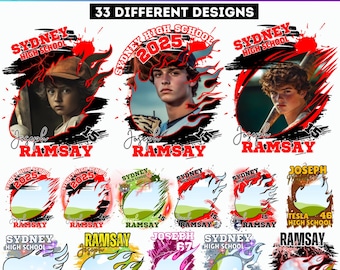 May include: A digital template for creating softball team designs. The template features a variety of designs with flames, a baseball, and a softball. The text "Sydney High School" and "Ramsay" are included in the design.