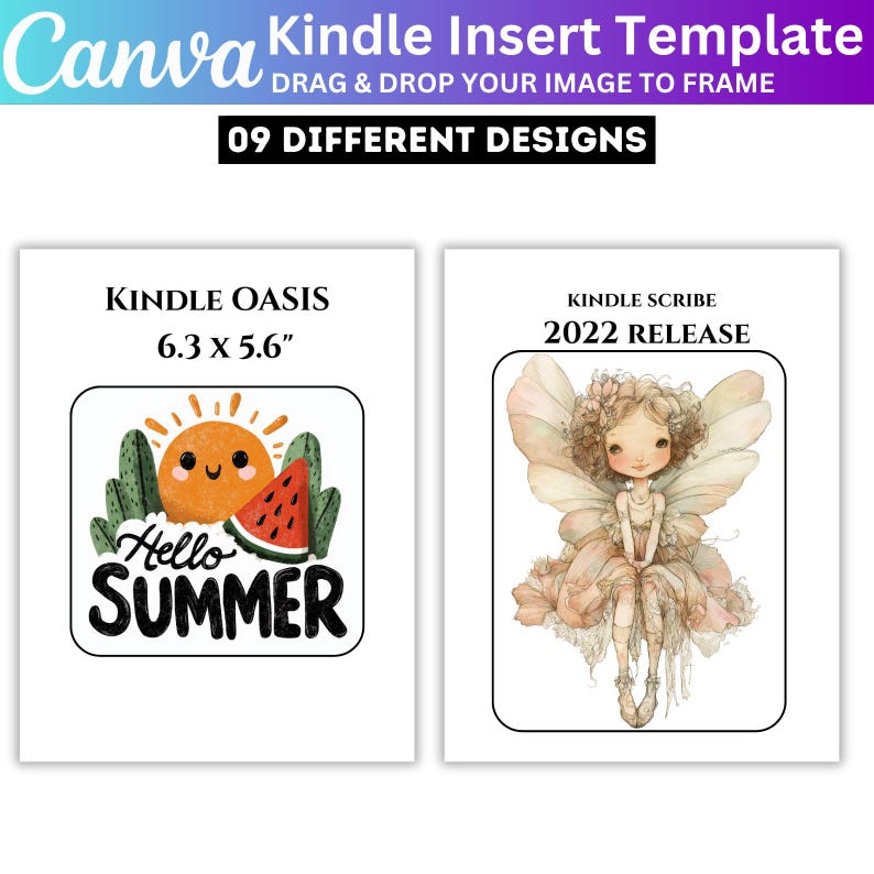 May include: A Canva Kindle Insert Template with nine different designs. One design features a "Hello Summer" graphic with a smiling sun, cactus, and watermelon. The other design shows a fairy. The Kindle Oasis insert is 6.3 x 5.6 inches.