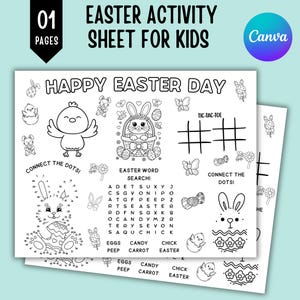 Op de afbeelding: Zwart-wit Paasactiviteitenbladen voor kinderen. De bladen bevatten verbind-de-stippen, woordzoekers en boter-kaas-en-eieren spellen. De tekst luidt "Vrolijk Pasen" en "Paasactiviteitenblad voor kinderen".