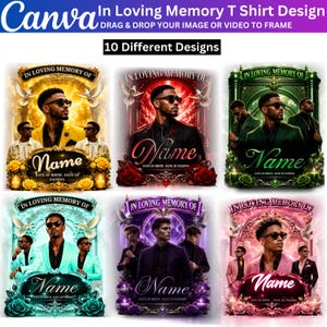May include: A digital graphic collection featuring six distinct memorial t-shirt designs. Each layout displays a central portrait of a person wearing sunglasses, surrounded by ornate frames, flying doves, roses, and the text In Loving Memory Of.