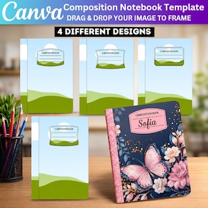 Puede incluir: Una plantilla de cuaderno de composición de Canva con cuatro diseños diferentes que muestran un cielo azul claro y colinas verdes. Un cuaderno muestra una portada azul oscuro con una mariposa rosa, flores y el nombre Sofia en una etiqueta.