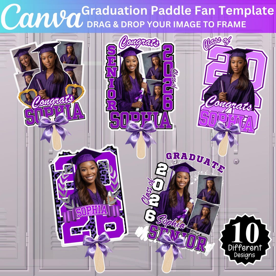 10 Purple Grad Fan Canva Editable Template, Custom Graduation Paddle ...