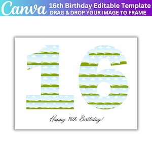 Op de afbeelding: Een witte kaart met het nummer 16 in groot groen en blauw lettertype. De nummers zijn gemaakt van een herhalend patroon van groene heuvels en blauwe wolken. De tekst "Happy 16th Birthday!" is geschreven in zwart cursief onder de nummers.