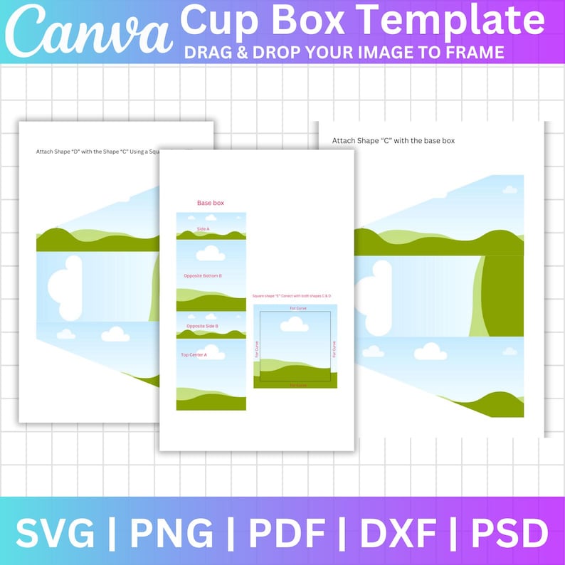 May include: A Canva cup box template with instructions and a drag and drop image frame. The template includes diagrams and the text "Attach Shape C with the base box". The bottom of the image has the text "SVG | PNG | PDF | DXF | PSD".