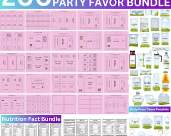 May include: A pink Canva Party Favor Bundle template with 200 designs. Includes templates for various party favors, nutrition facts, and accessories like chip bags, car coasters, and keychains. The image also features text that says "Party Favor Canva Template".