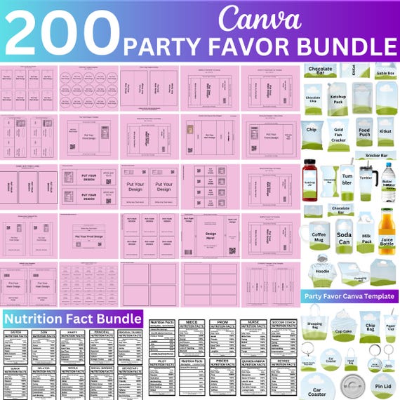 200+ Party Favor Template Bundle, Canva Editable Party Favor, Chip Bag Water Bottle Labels Shoe Box Template, Free Nutrition Facts & Sticker