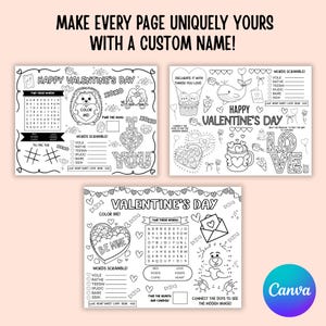Peut inclure: Trois pages d'activit&eacute;s de la Saint-Valentin en noir et blanc avec des jeux de recherche de mots, des labyrinthes et des points &agrave; relier. Les pages pr&eacute;sentent des c&oelig;urs, des animaux et les phrases "Happy Valentine's Day" et "Be Mine". Le logo Canva est en bas &agrave; droite.