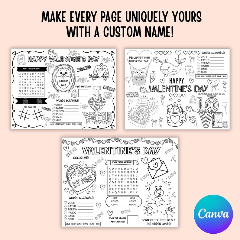 Peut inclure: Trois pages d'activit&eacute;s de la Saint-Valentin en noir et blanc avec des jeux de recherche de mots, des labyrinthes et des points &agrave; relier. Les pages pr&eacute;sentent des c&oelig;urs, des animaux et les phrases "Happy Valentine's Day" et "Be Mine". Le logo Canva est en bas &agrave; droite.
