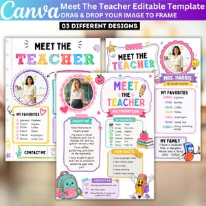 May include: Three editable Meet the Teacher templates featuring colorful graphics, including a backpack, pencil, and books. Each layout includes sections for a photo, personal information, favorites, and contact details with playful, hand-drawn style accents.