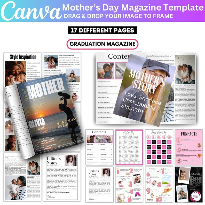 Redigerbar mall för mors dag-tidning i Canva, personlig mammapresent, Vogue Magazine för mors dag, digitalt omslag till tidningen "Bästa mamman någonsin". bild 1