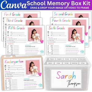 Peut inclure: Un kit de boîte à souvenirs scolaire comprenant plusieurs feuilles imprimables de la maternelle à la sixième année. Chaque feuille inclut des champs pour les détails scolaires, les favoris et les souvenirs, avec un bac de rangement en plastique transparent.