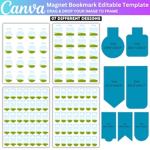 May include: A Canva template for magnet bookmarks with seven different designs. The designs include various bookmark shapes and patterns, such as a jar with green and blue elements and a sky with clouds. Sizes are provided in inches.