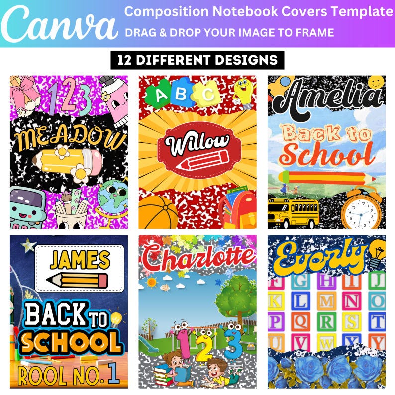12 Composition Notebook Cover Template Bundle, Editable Canva ...