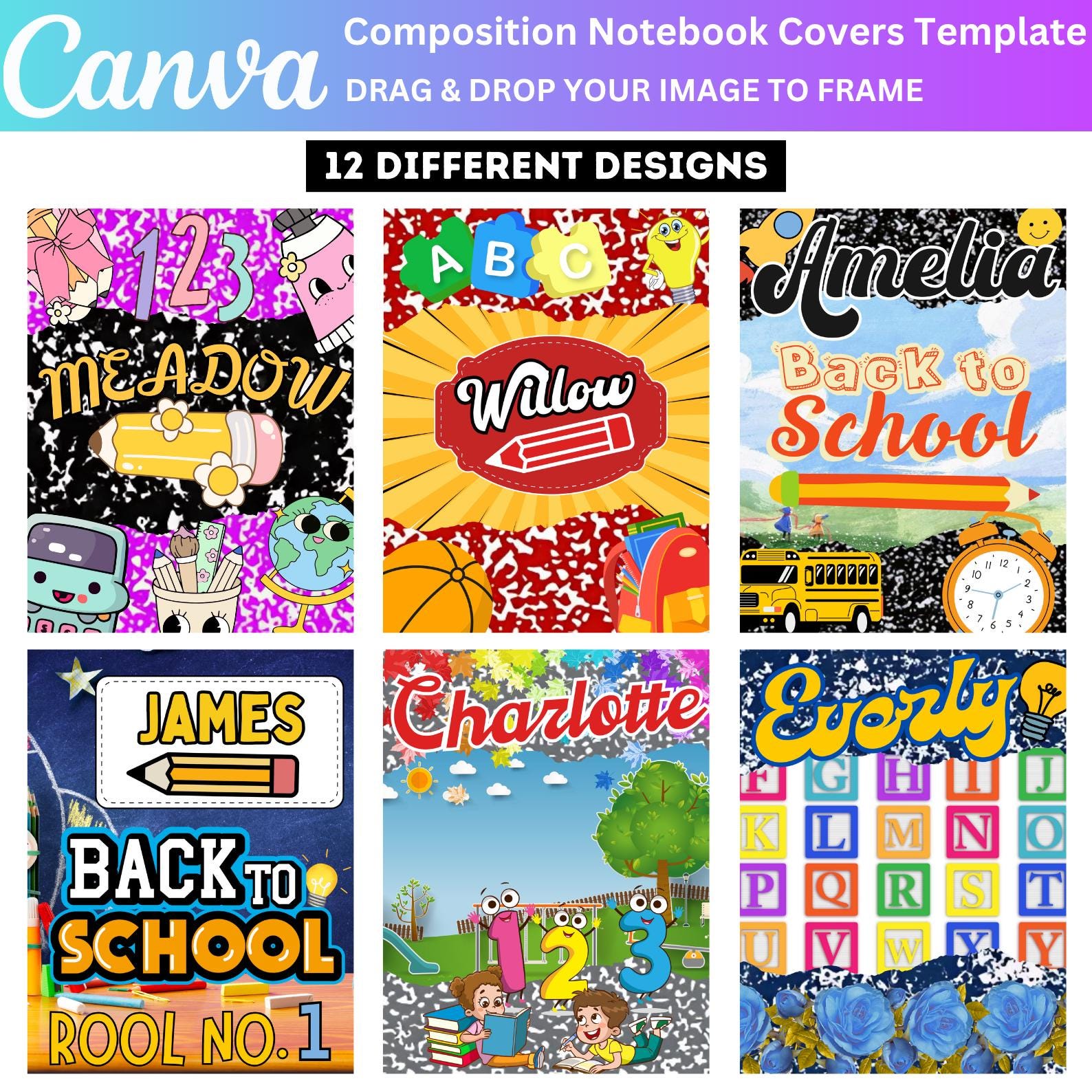 12 Composition Notebook Cover Template Bundle, Editable Canva ...