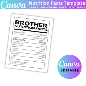 Puede incluir: Una etiqueta blanca de informaci&oacute;n nutricional con el t&iacute;tulo "Brother Nutrition Facts". La etiqueta enumera categor&iacute;as como "Creatividad", "Trabajo en casa", "Familia", "Amigos", "Padres" y "Sue&ntilde;o" con valores porcentuales correspondientes. La etiqueta est&aacute; sobre un fondo blanco con un logotipo de Canva en la esquina inferior derecha.