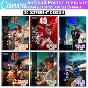Puede incluir: Seis plantillas de póster de softbol diferentes con un jugador en cada una. Los pósters son todos negros con un borde blanco y presentan el nombre, el número y el año del jugador. Los fondos son de diferentes colores y presentan diferentes diseños. El texto en los pósters dice "KELLANI Theodore 2025 40 Softball Team Your Position In Team"