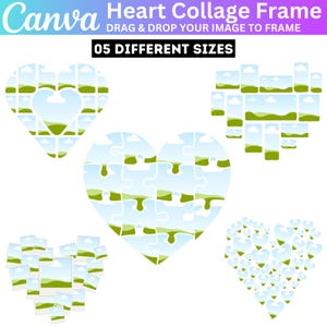 Op de afbeelding: Vijf verschillende maten hartvormige fotocollage-frames. Elk frame is gemaakt van kleinere rechthoekige frames die in een hartvorm zijn gerangschikt. De frames zijn gevuld met een herhalend patroon van groene heuvels, blauwe lucht en witte wolken.