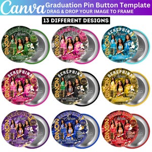 May include: A collection of graduation pin button templates. Each button features a photo of graduates, the name "Adrian", the year "2026", and the phrase "New Chapter is Loading". The buttons come in various color schemes.