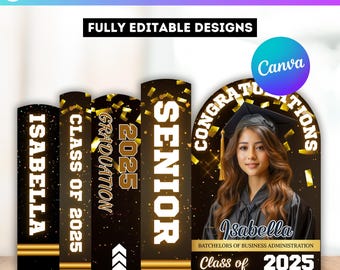 Black & Gloden Graduation Book Decor Canva Editable Template, Graduation Panel Board, Yellow Grad Backdrop Arch Foam, Floor Wrap Decor Set
