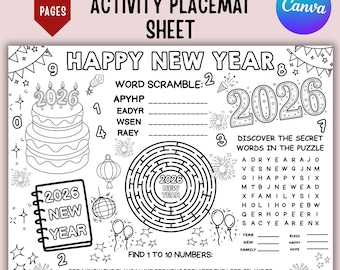Neues Jahr 2026 Kinderaktivitäts-Tischset, druckbares neues Jahr für Kinder NYE Craft, Happy Silvester-Malseite, Partyspiele-Tischset