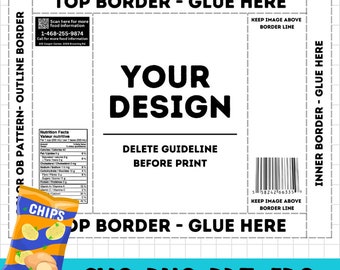 May include: A printable template for a food package design. The template includes a space for a product image, nutrition facts, and a barcode. The text "YOUR DESIGN" is printed in black on a white background. The text "DELETE GUIDELINE BEFORE PRINT" is also included. The template is designed to be printed on a standard 8.5 x 11 inch sheet of paper.