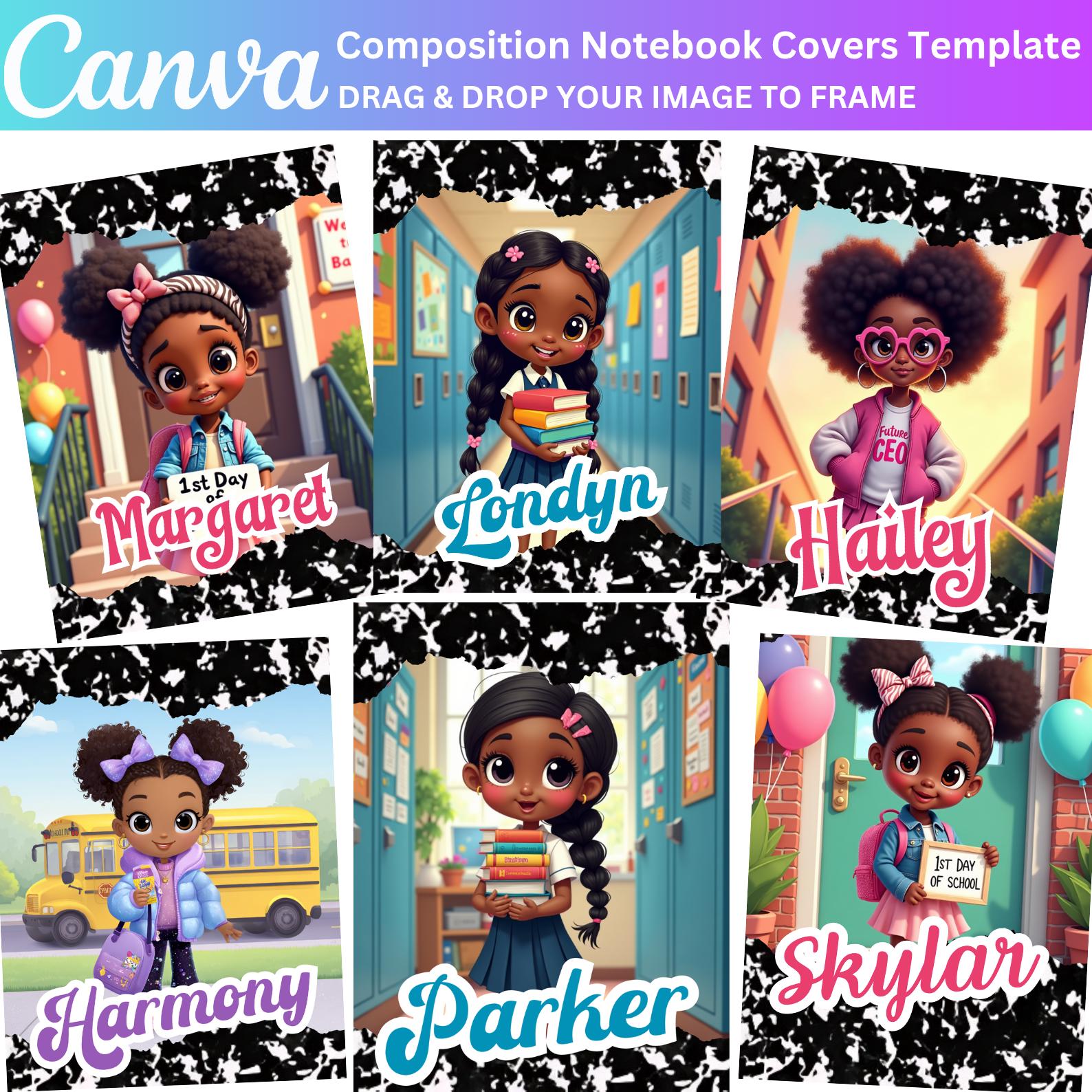 06 Composition Book Cover Canva Editable Designs, Composition Notebook Cover Templates, Back to School Digital, Printable Notebook Covers