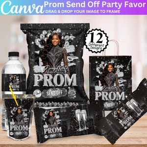May include: A collection of black and silver party favors for a prom send-off. The set includes a chip bag, gift bag, water bottle, juice pouch, and candy wrappers, all featuring a photo of a young woman and the text "Amelia's PROM SEND OFF".
