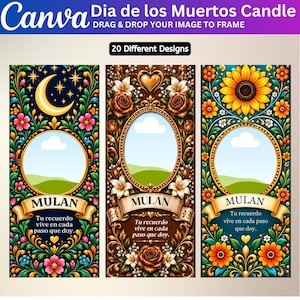 May include: Three rectangular candle label designs featuring ornate floral borders, central oval photo frames, and banners with the text MULAN and Tu recuerdo vive en cada paso que doy. The designs include a crescent moon, roses, and sunflowers.