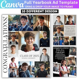 Puede incluir: Un collage de fotos de un joven con toga y birrete de graduación. Las fotos están dispuestas en una cuadrícula y muestran una variedad de poses y escenarios. El texto "Congratulations! Theodore James Class of 2025 School University" se muestra en el collage.