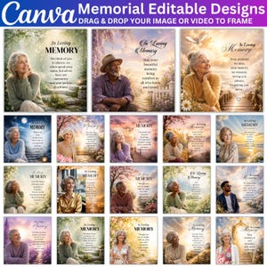 May include: A collection of Canva memorial editable designs featuring various scenes with people, floral elements, and landscapes. Each design includes the text In Loving Memory and space to drag and drop images or videos into the frames.