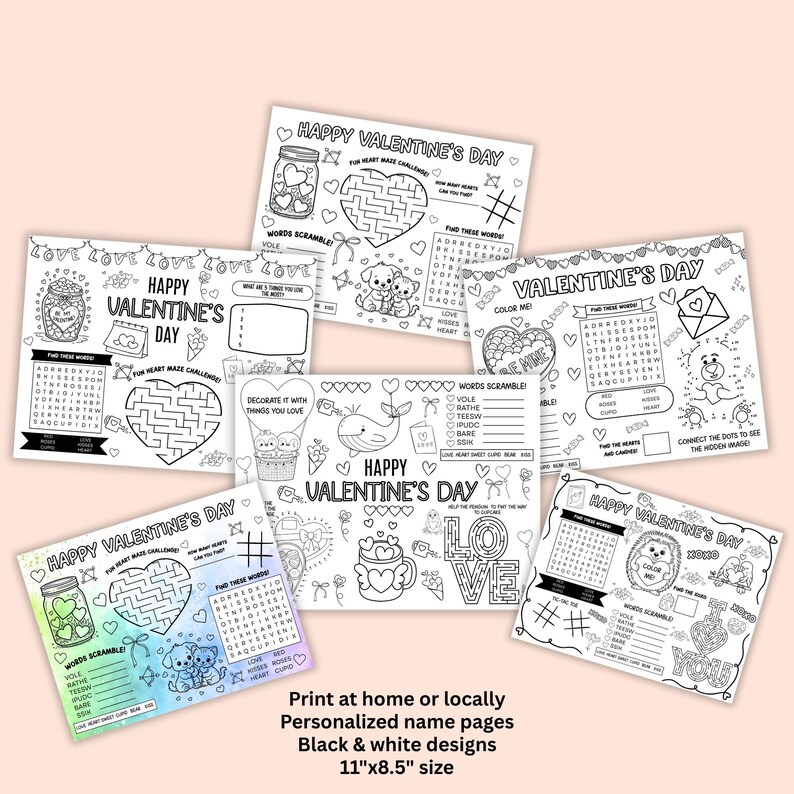 Peut inclure: Plusieurs feuilles d'activit&eacute;s de la Saint-Valentin en noir et blanc. Chaque feuille pr&eacute;sente des labyrinthes, des mots m&ecirc;l&eacute;s et des pages &agrave; colorier avec des c&oelig;urs, des animaux et le texte "Happy Valentine's Day". Les feuilles mesurent 27,9 x 21,6 cm.