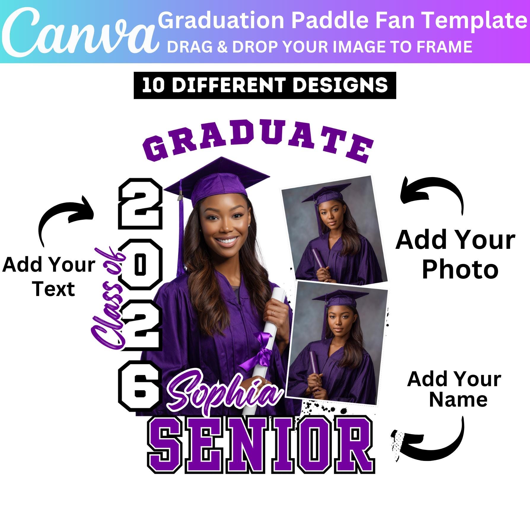 10 Purple Grad Fan Canva Editable Template, Custom Graduation Paddle ...