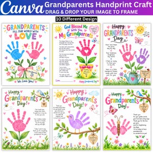 Può includere: Una collezione digitale di sei modelli per lavoretti con impronte delle mani per la Festa dei Nonni, con illustrazioni colorate di fiori, uccelli, farfalle e soli. Ogni modello include spazio per impronte, poesie e testi dedicati.