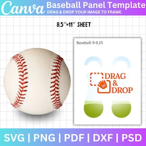May include: A baseball panel template with a white baseball, a red and white baseball stitch design, and a graphic that says "DRAG & DROP" in orange text. The template is for an 8.5 x 11 inch sheet.