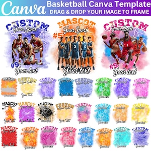 May include: A Canva template featuring basketball-themed designs. The designs include team images, the words "Custom," "Mascot," and "Your Sport," along with space for text. The color palette includes blue, orange, red, and purple.